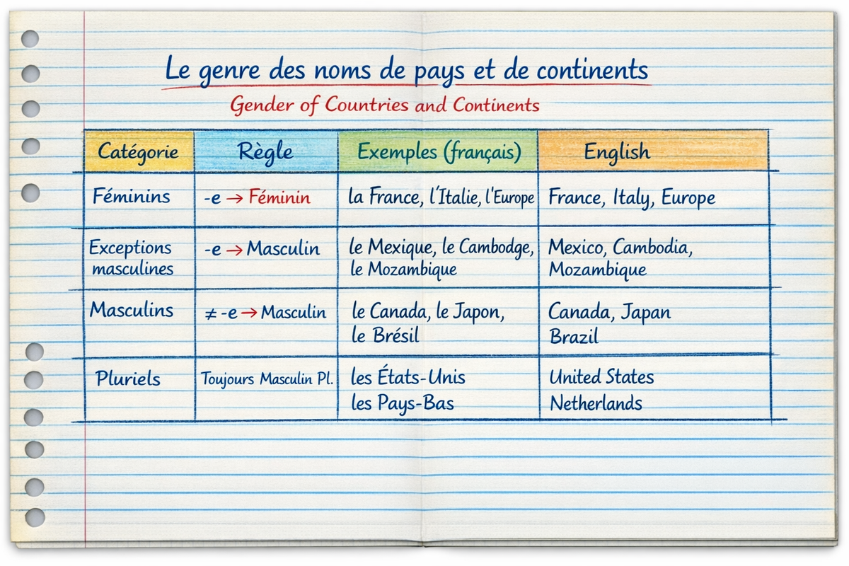 Genre des noms de pays et de continents - Gender of country and continent names (Level A1)