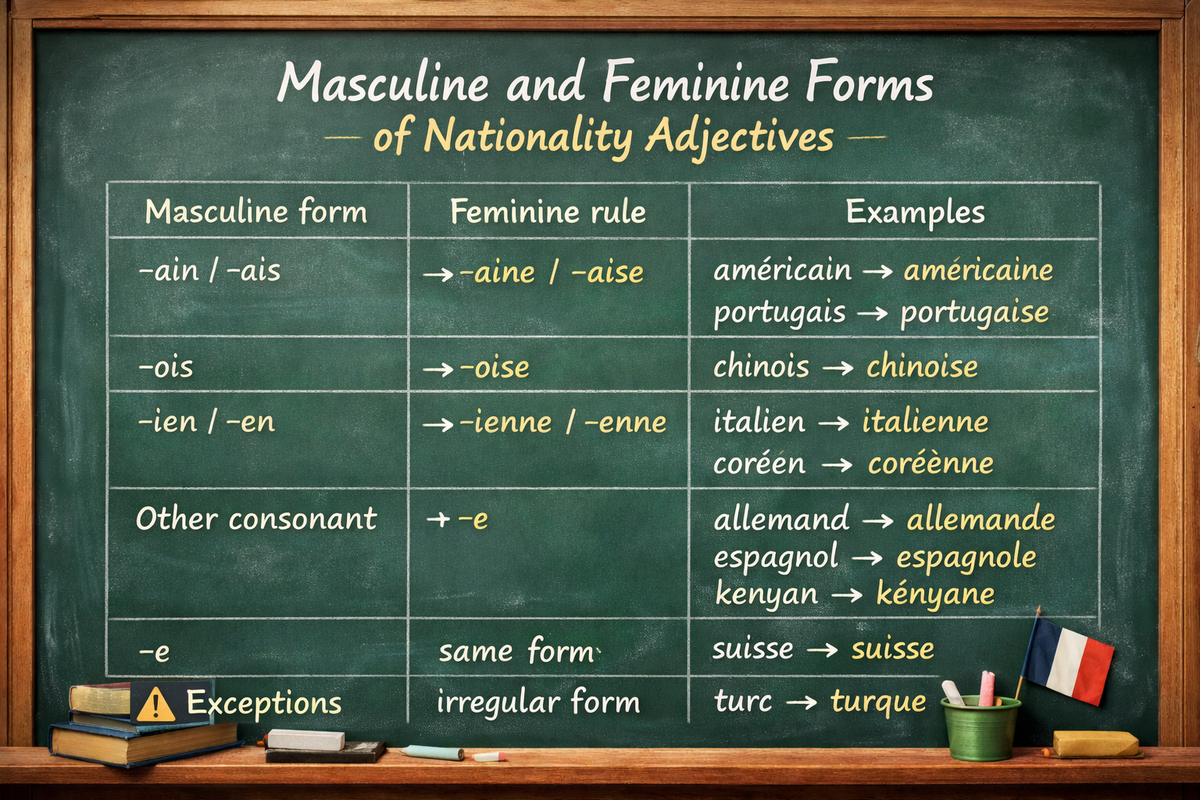 Le masculin et le féminin des adjectifs de nationalité - Masculine and Feminine Forms of Nationality Adjectives (A1–A2)