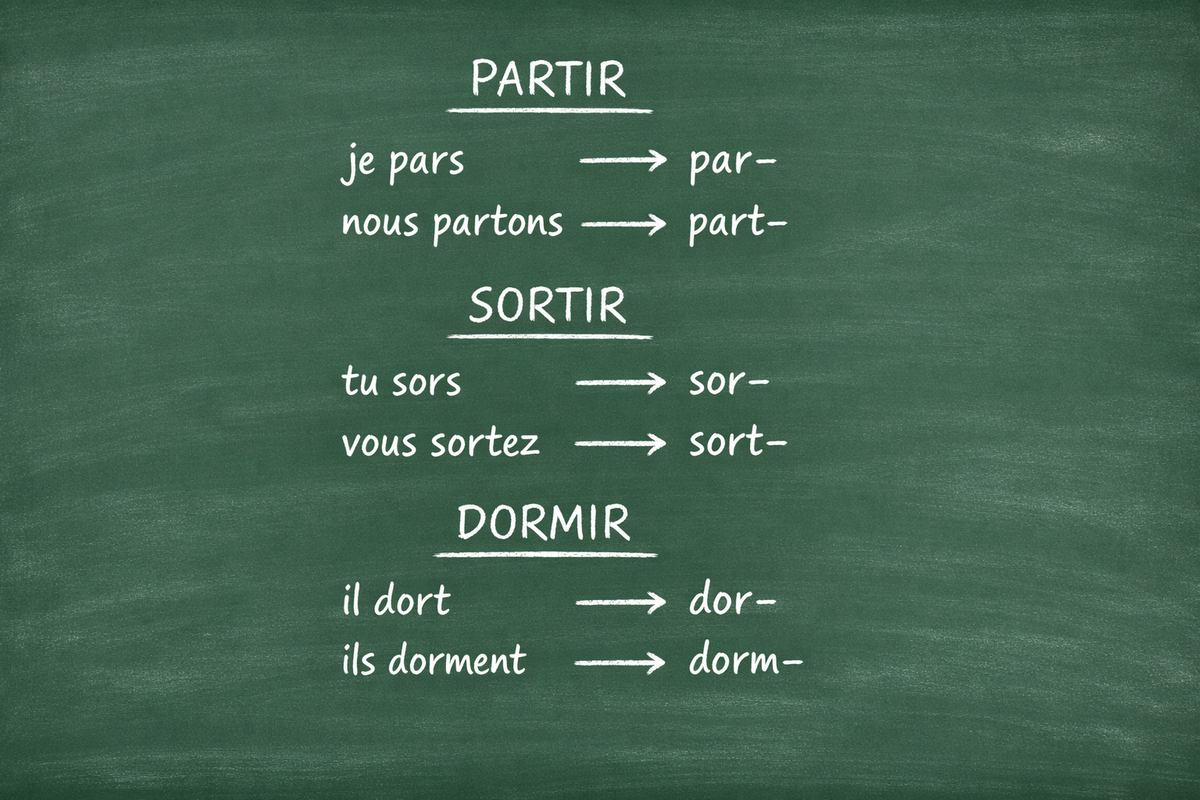 Les verbes sortir, partir, dormir au présent - The verbs to go out, to leave, to sleep in the present tense (Level A1)