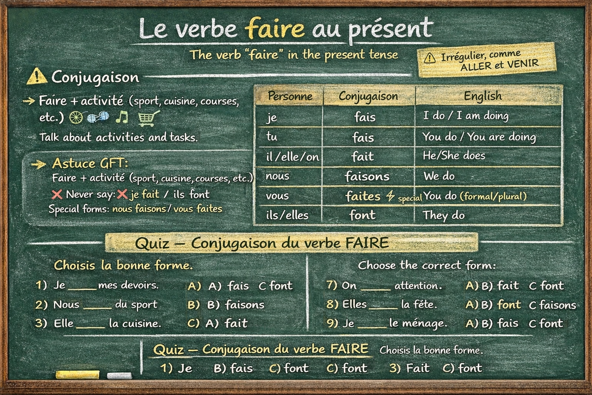 Le verbe faire au présent - The verb 'faire' in the present tense (level A1)