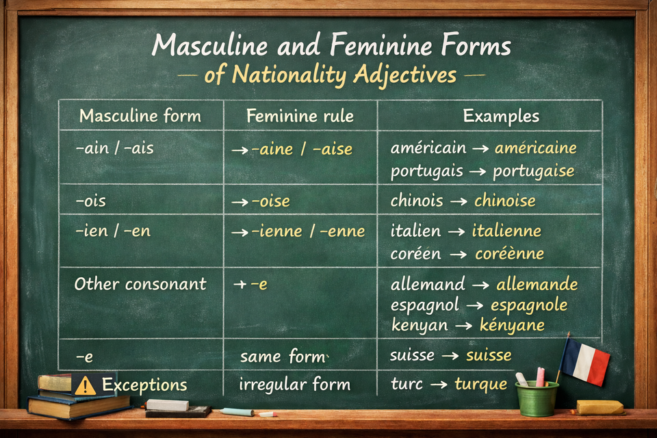 Le masculin et le féminin des adjectifs de nationalité - Masculine and Feminine Forms of Nationality Adjectives (A1–A2)