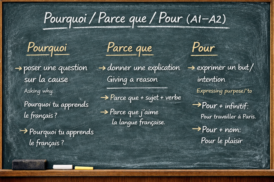 Pourquoi ? Parce que/Pour - when to use pourquoi, parce que, and pour in French (Level A1)