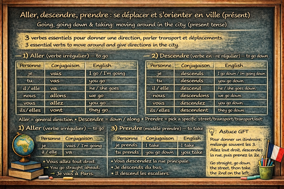 Aller, descendre, prendre : se déplacer et s’orienter en ville au présent - Going, going down, taking: getting around and finding your way in the city in the present tense (Level A1)