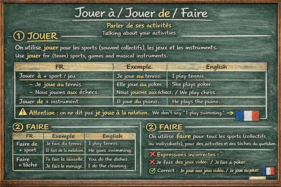 Parler de ses activités : Jouer à / Jouer de / Faire -  Talking about what you do, using 'jouer à' / 'jouer de' / 'faire' (level A1)
