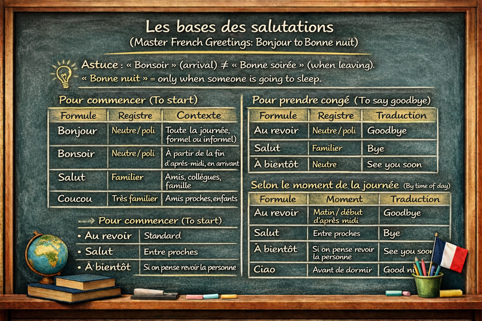 Bonjour, salut, au revoir : les bases des salutations / Master French Greetings: Bonjour to Bonne nuit (Level A1)