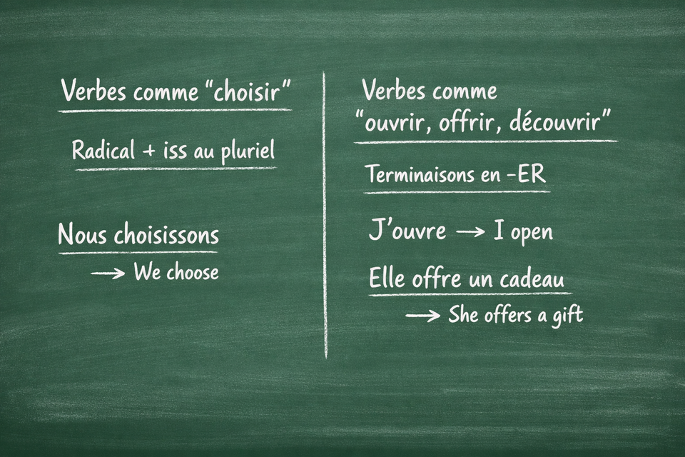 Les verbes choisir, découvrir, offrir et ouvrir - The verbs choose, discover, offer and open (Level A1)
